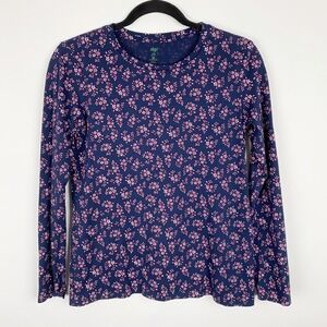 Dip Navy Blue Pink Floral Print Long Sleeve Organic Cotton Top T-Shirt Womens XS